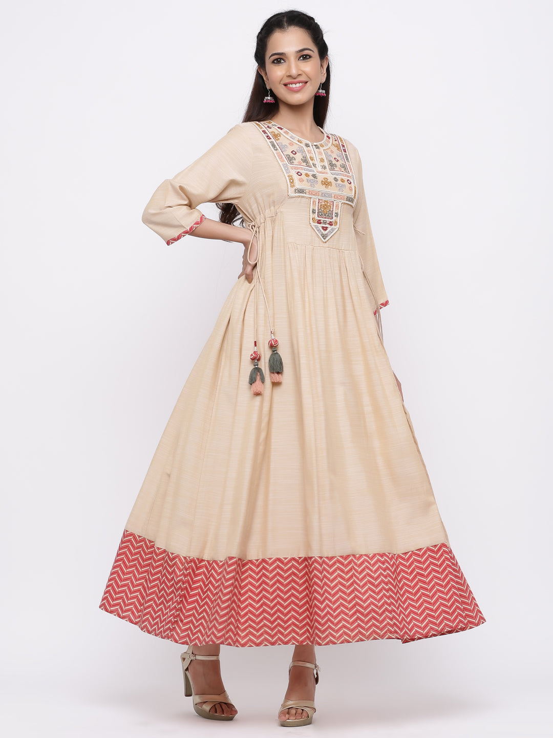 Beige Muslin Slub Embroidered Anarkali Kurta Dress