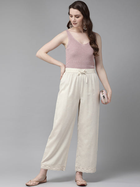 Offwhite Rayon Flex Solid Wide Leg Palazzo