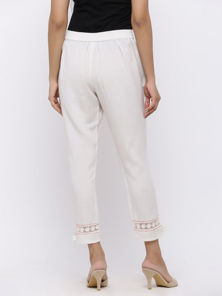 White Rayon Flex Solid Straight Pants