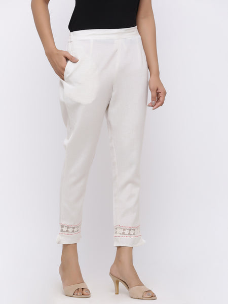 White Rayon Flex Solid Straight Pants