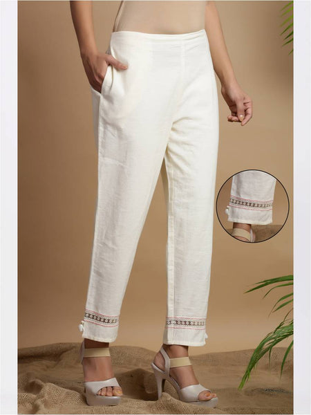 White Rayon Flex Solid Straight Pants