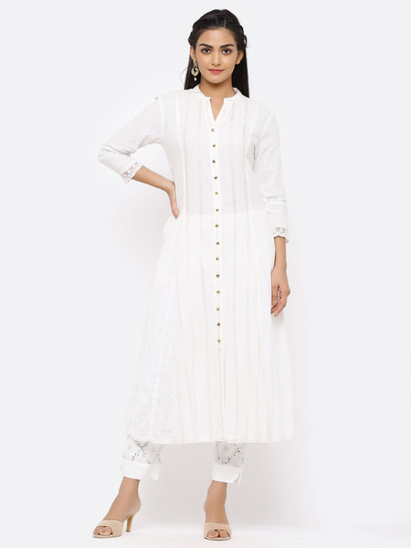 White Cotton Woven Design Flared Kurta Midi