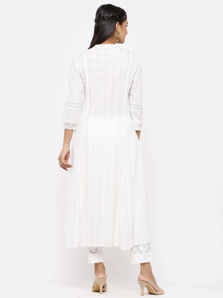 White Cotton Woven Design Flared Kurta Midi