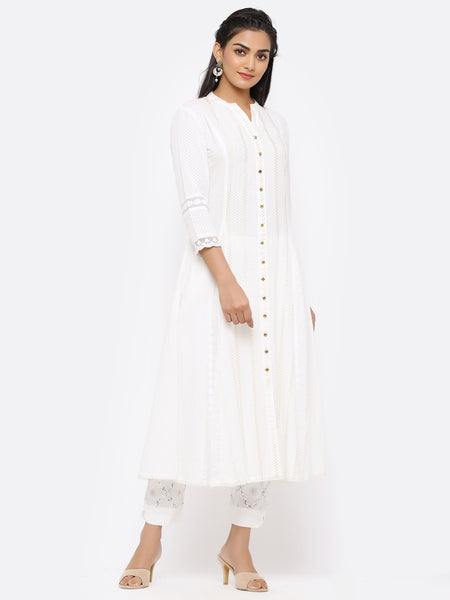 White Cotton Woven Design Flared Kurta Midi