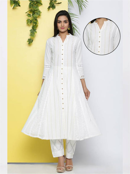 White Cotton Woven Design Flared Kurta Midi