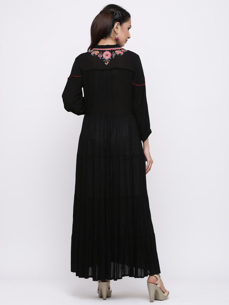 Black Rayon Crepe Embroidered Tiered Dress