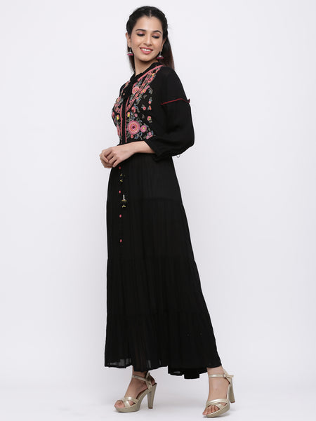 Black Rayon Crepe Embroidered Tiered Dress