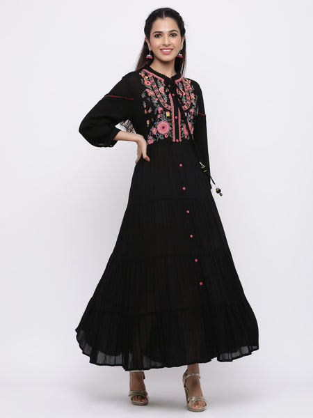 Black Rayon Crepe Embroidered Tiered Dress