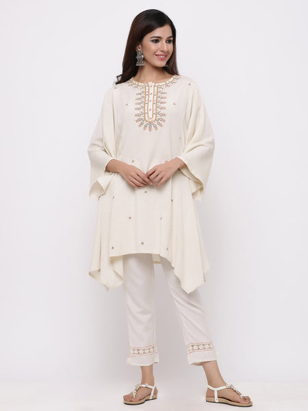 Off White Rayon Flex Embroidered Asymmetric Tunic