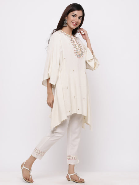 Off White Rayon Flex Embroidered Asymmetric Tunic