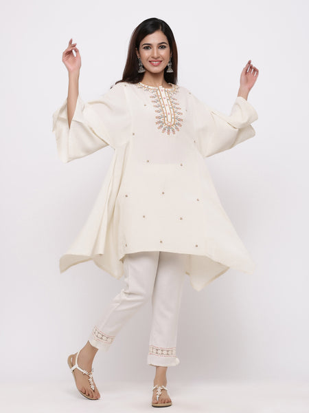 Off White Rayon Flex Embroidered Asymmetric Tunic