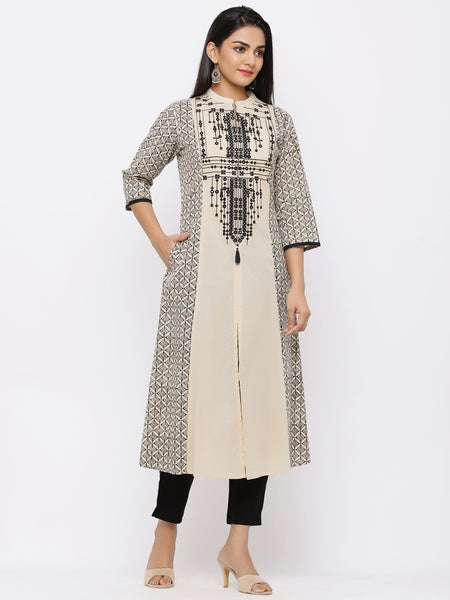 Beige Cambric Embellished A-Line Kurta