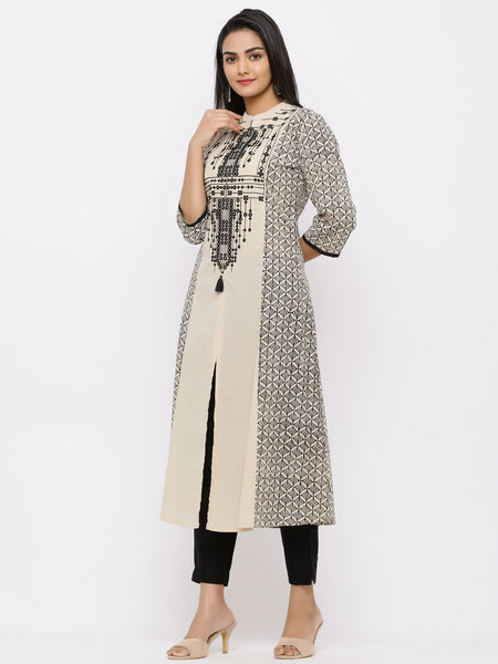 Beige Cambric Embellished A-Line Kurta