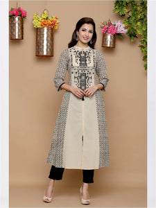 Beige Cambric Embellished A-Line Kurta