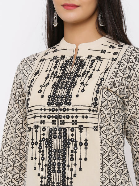 Beige Cambric Embellished A-Line Kurta