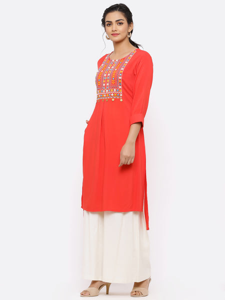 Coral Rayon Embroidered High-Low Kurta Top