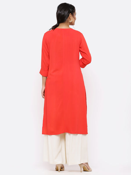 Coral Rayon Embroidered High-Low Kurta Top