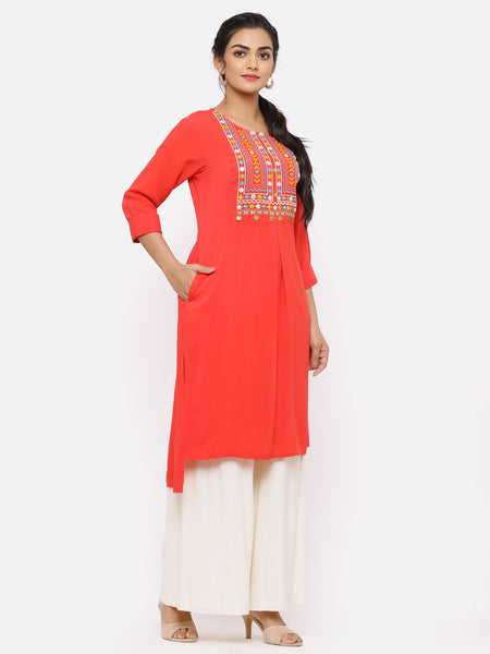 Coral Rayon Embroidered High-Low Kurta Top