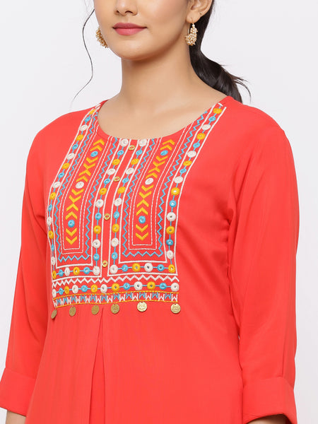 Coral Rayon Embroidered High-Low Kurta Top