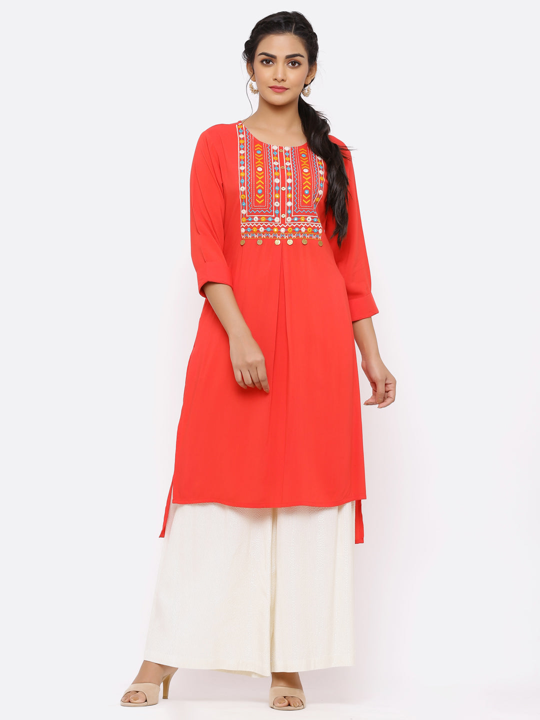 Coral Rayon Embroidered High-Low Kurta Top