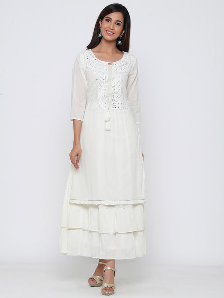 Ivory Cotton Embellished Layered Kurta Dress