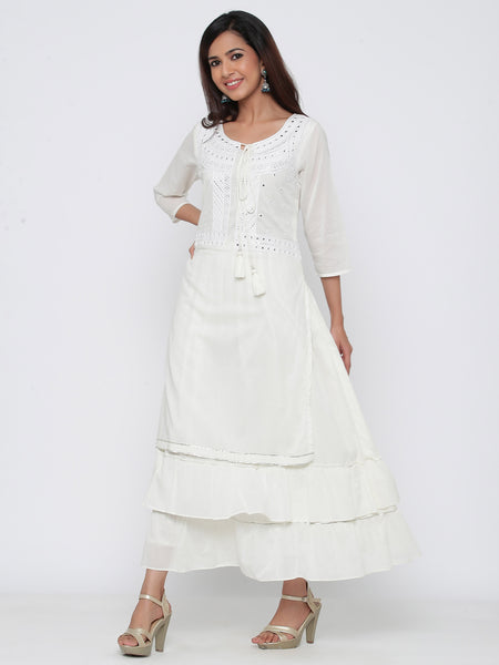 Ivory Cotton Embellished Layered Kurta Dress