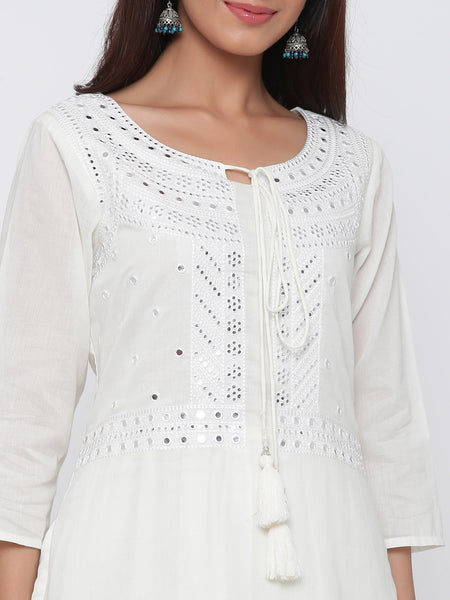 Ivory Cotton Embellished Layered Kurta Dress