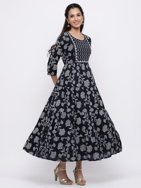 Indigo Rayon Embroidered Tiered Ethnic Dress