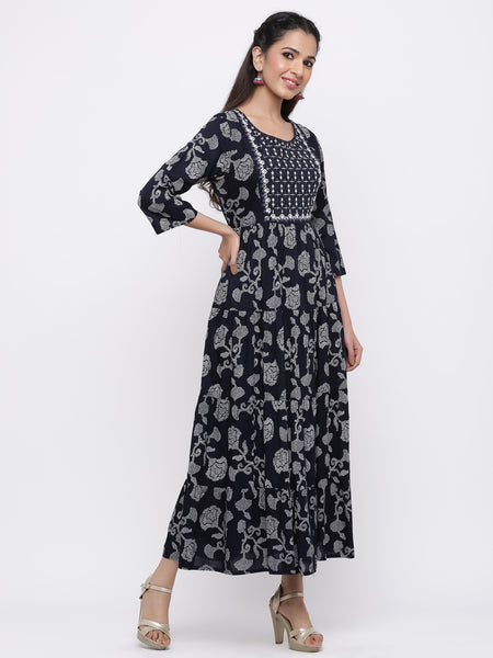 Indigo Rayon Embroidered Tiered Ethnic Dress