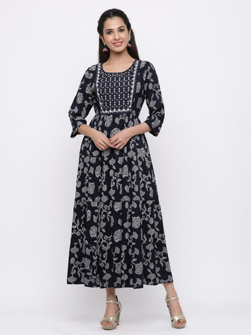 Indigo Rayon Embroidered Tiered Ethnic Dress