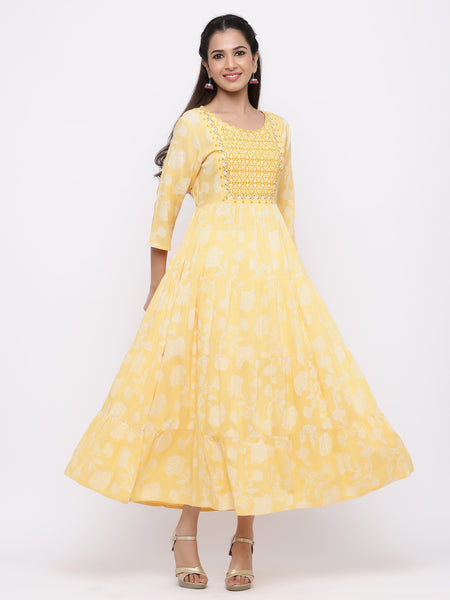 Mango Yellow Rayon Embroidered Tiered Maxi Dress