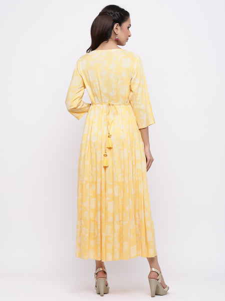 Mango Yellow Rayon Embroidered Tiered Maxi Dress