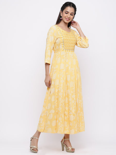 Mango Yellow Rayon Embroidered Tiered Maxi Dress