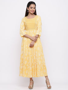 Mango Yellow Rayon Embroidered Tiered Maxi Dress