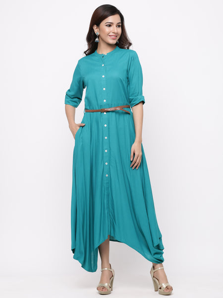 Emerald Green Rayon Solid Asymmetric Dress with Belt