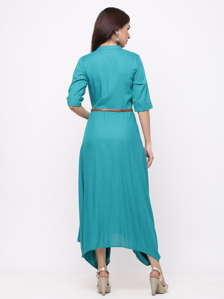 Emerald Green Rayon Solid Asymmetric Dress with Belt