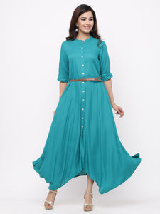 Emerald Green Rayon Solid Asymmetric Dress with Belt