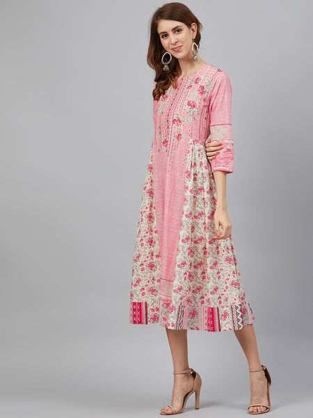 Coral Cotton Dobby Woven Design Anarkali Maxi Dress