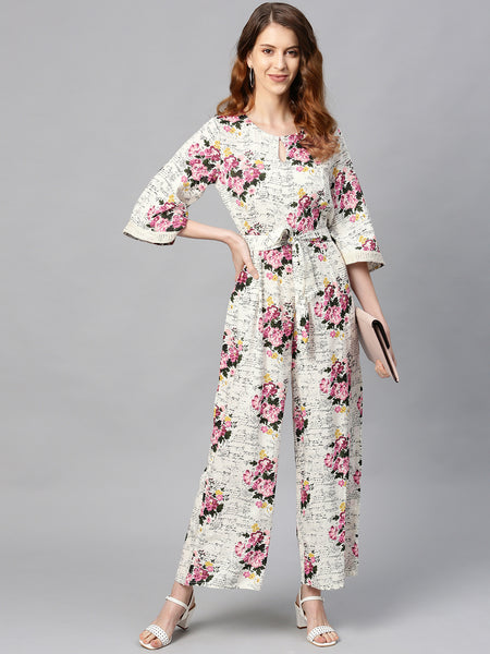 Offwhite Rayon Slub Printed Ethnic Jumpsuit