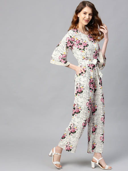 Offwhite Rayon Slub Printed Ethnic Jumpsuit