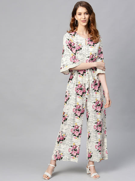 Offwhite Rayon Slub Printed Ethnic Jumpsuit