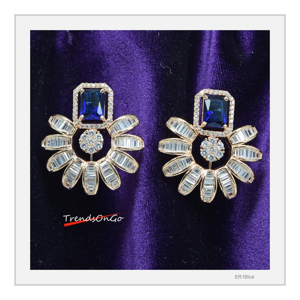 Gold Plated Earrings - Floral Studs Artificial Diamonds & Blue Gem