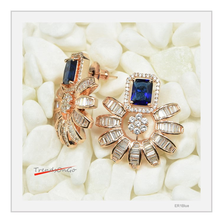 Gold Plated Earrings - Floral Studs Artificial Diamonds & Blue Gem