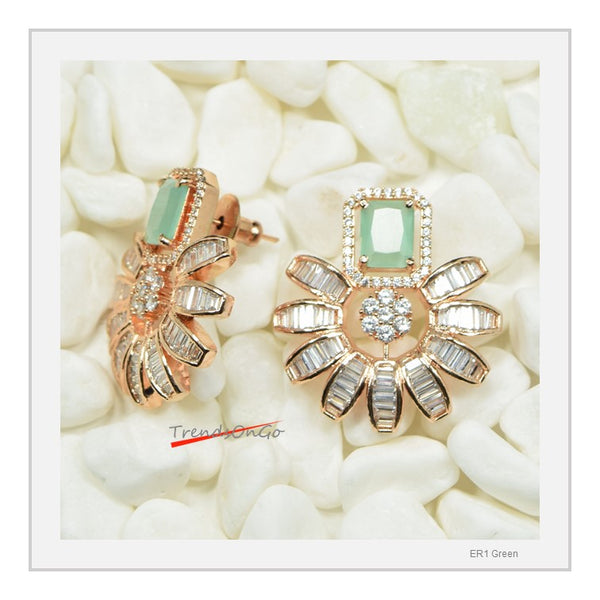 Gold Plated Earrings - Floral Studs Simulated Diamonds & Sea Green Gem