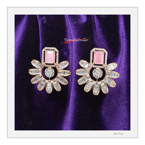 Gold Plated Earrings - Floral Studs Simulated Diamonds & Pink Gem