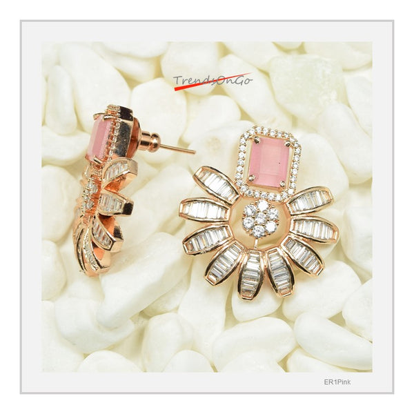 Gold Plated Earrings - Floral Studs Simulated Diamonds & Pink Gem