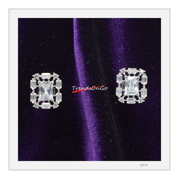 Silver Toned Diamond Studs - Rhodium Plated Geometric Earrings has White Stones