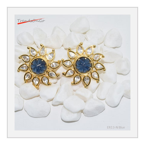 Gold Plated Earrings - Floral Studs with American diamond & Gem-Blue