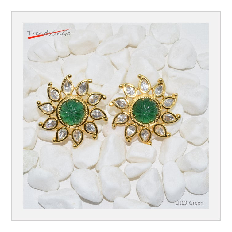 Gold Plated Earrings - Floral Studs with American diamond & Gem-Green