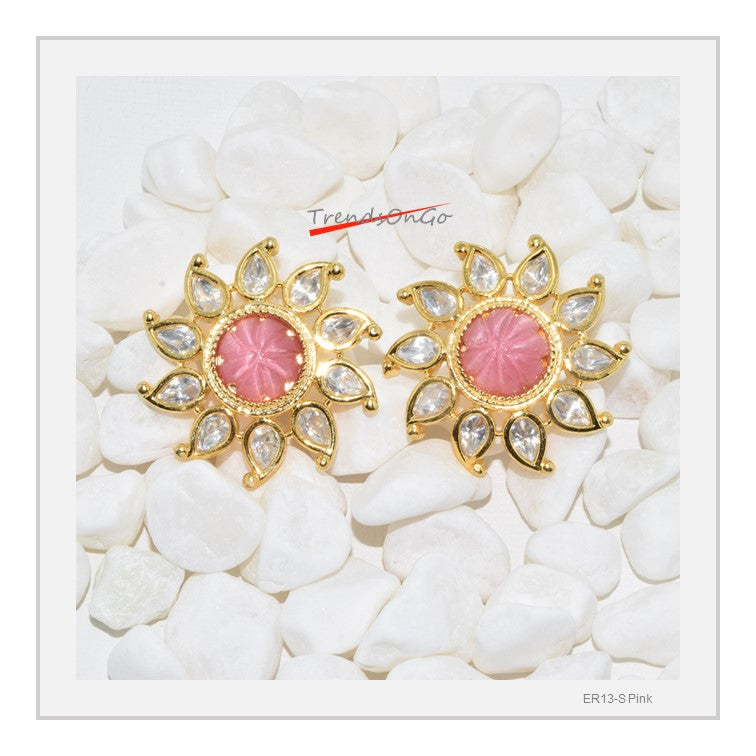 Gold Plated Earrings - Floral Studs with American diamond & Gem-Pink